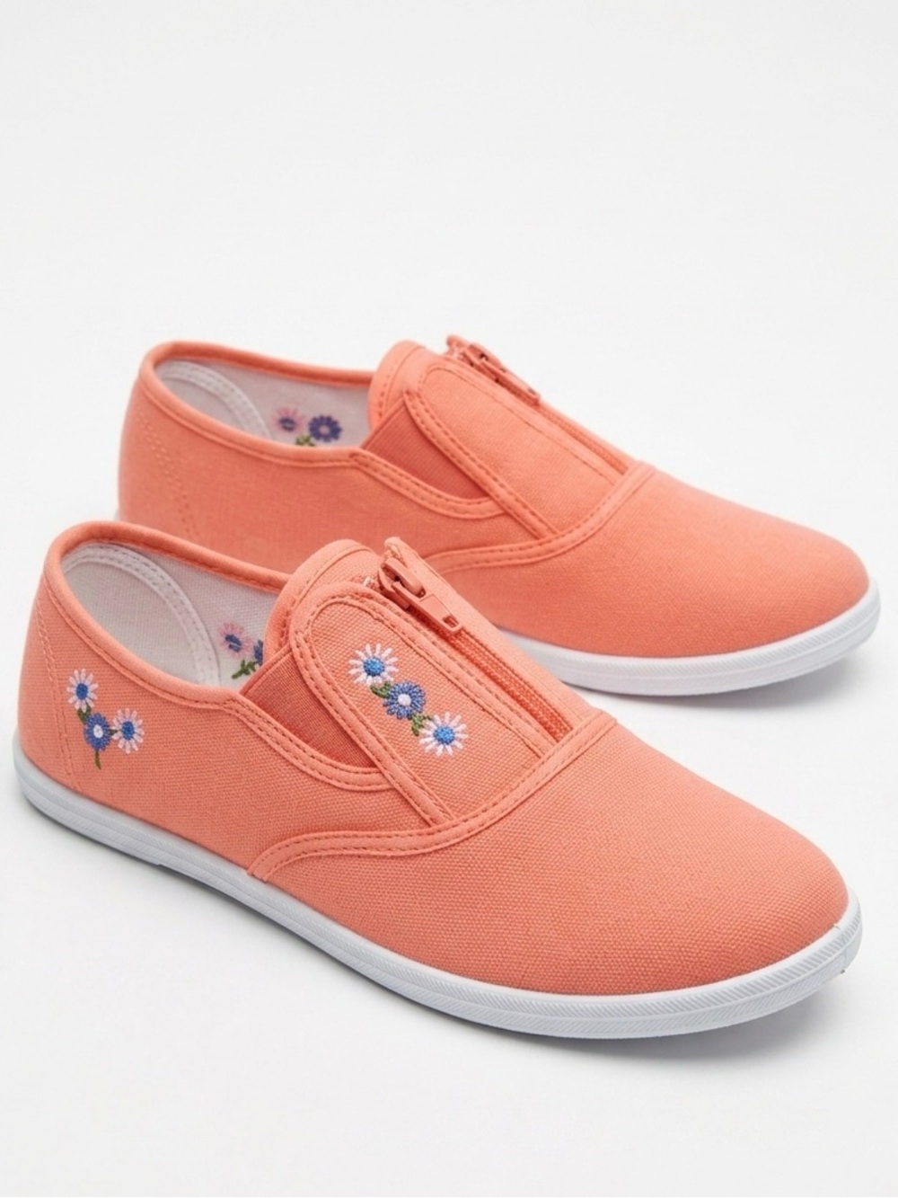 Women's Coral Slip-On Canvas Sneakers with Floral Embroidery